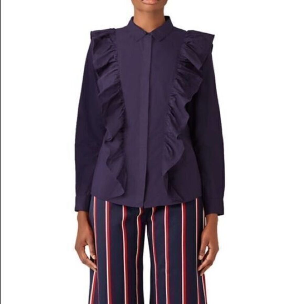 BA&SH Navy Delhi Blouse Button Down Ruffle 2R